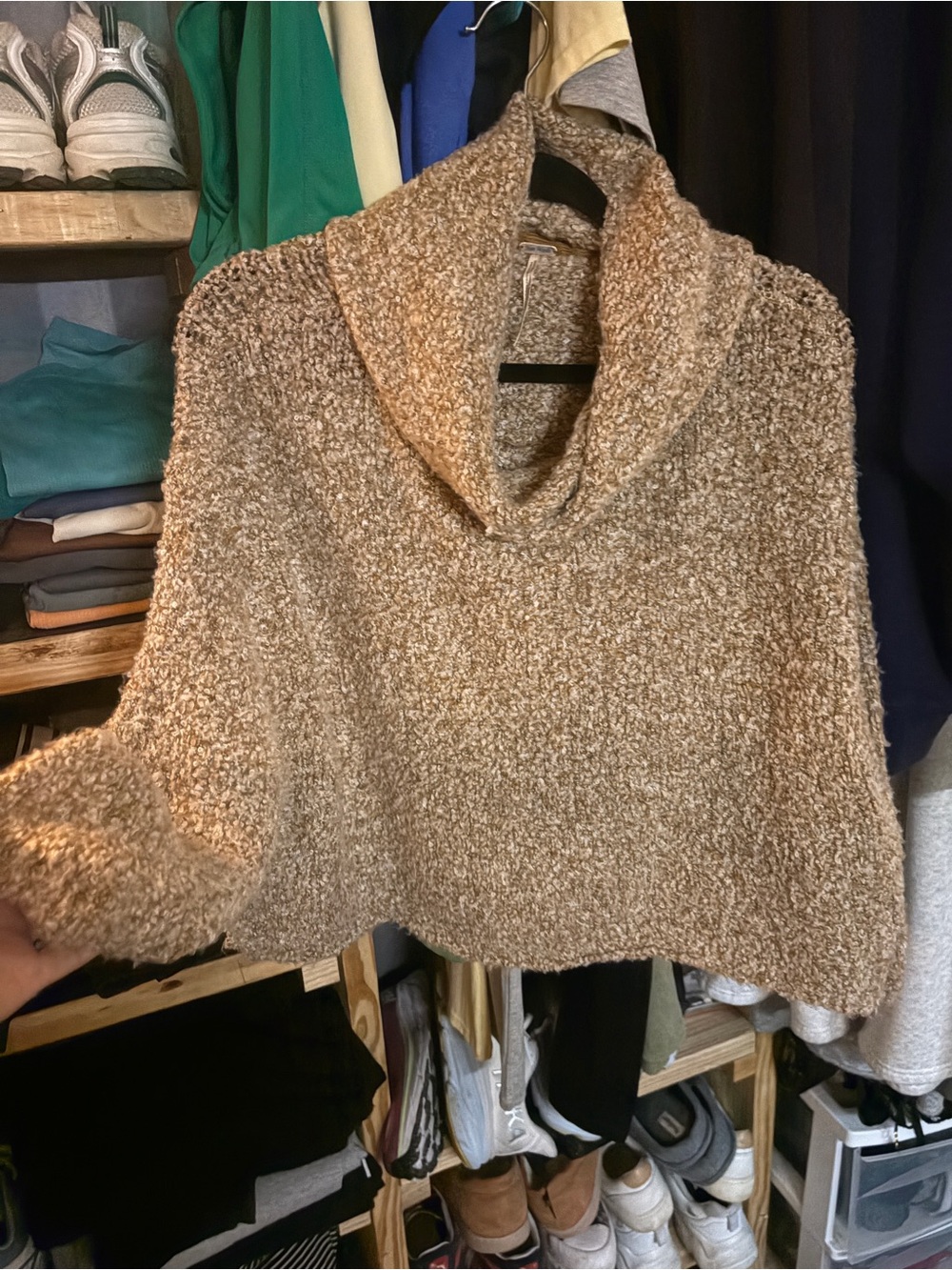 Free People Tan Bouclé Cropped Cowl Neck Sweater